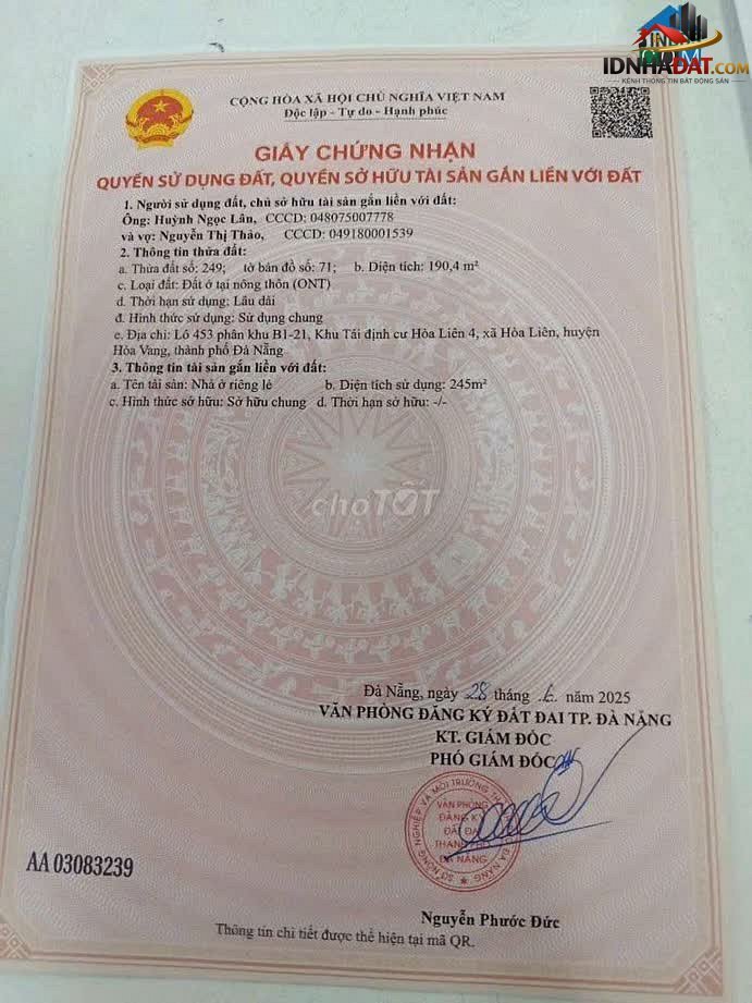 Bán nhà Phường Liên Chiểu Quận Liên Chiểu Thành Phố Đà Nẵng diện tích 192 m² giá 5.300 triệu