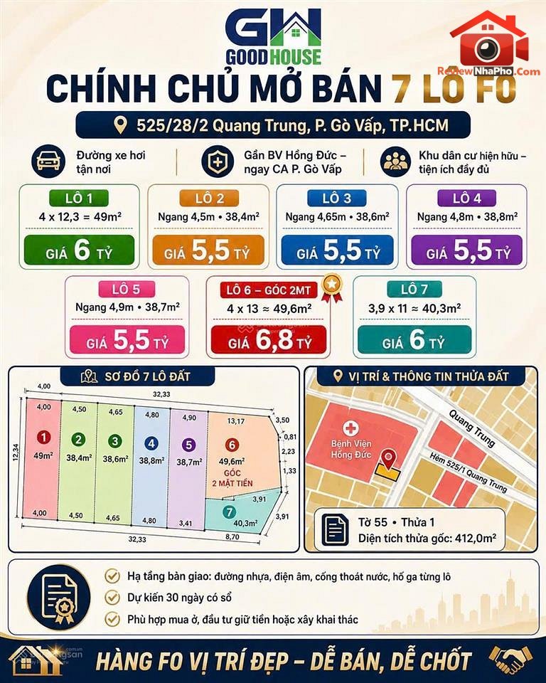 Mở bán lô đất F0 Đường Quang Trung – Phường … – Bán đất Quận Gò Vấp – TP Hồ Chí Minh giá 5 – 7 tỷ