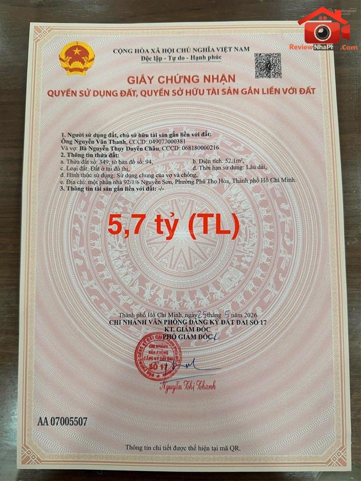 Bán nhà đất Đường Nguyễn Sơn – Phường cũ Không xác định Quận Tân Phú – Thành phố Hồ Chí Minh 52 m2 – 4.8 tỷ