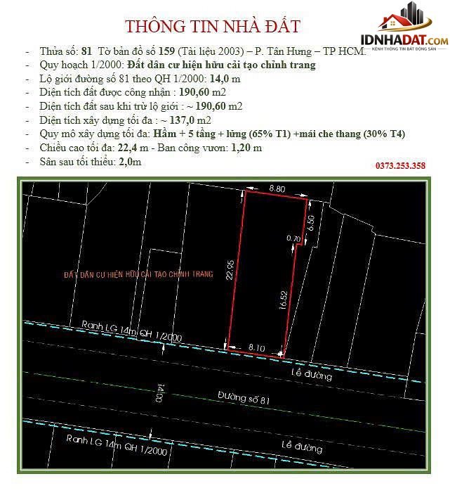 Nhà 8,1x23m NH CN 191m2 Đường 81 Phường Tân Quy Q7 – Bán nhà đất Đường 81 – Phường cũ Tân Quy Quận 7 – Phường mới Tân Hưng – Thành phố Hồ Chí Minh giá 37.9 tỷ