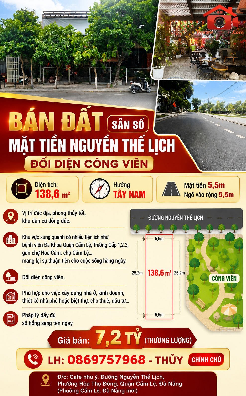 Bán đất sẵn sổ mặt tiền nguyễn thế lịch đối diện công viên – Đường Nguyễn Thế Lịch – Phường cũ Hòa Thọ Đông Quận Cẩm Lệ – Phường mới Hòa Thọ Đông – Thành phố Đà Nẵng 138m2 7.2 tỷ