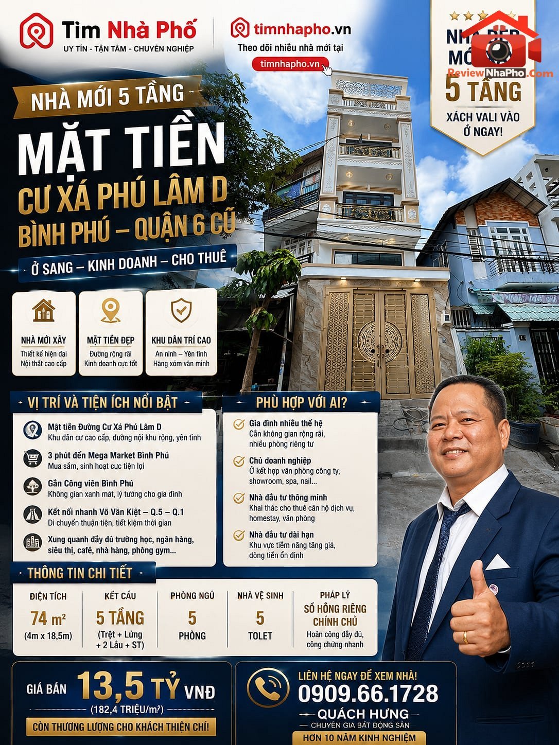 Nhà mới 5 tầng – Đường Cư Xá Phú Lâm D – Phường cũ Bình Phú Quận 6 – Phường mới Bình Phú – Thành phố Hồ Chí Minh – diện tích 74m2 – giá 13.5 tỷ