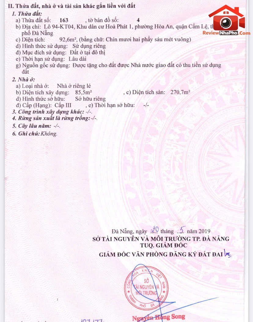 Bán nhà mặt tiền đường Bắc Sơn – Phường cũ Hòa An Quận Cẩm Lệ – Phường mới Hòa An – Thành phố Đà Nẵng 93m2 12 tỷ