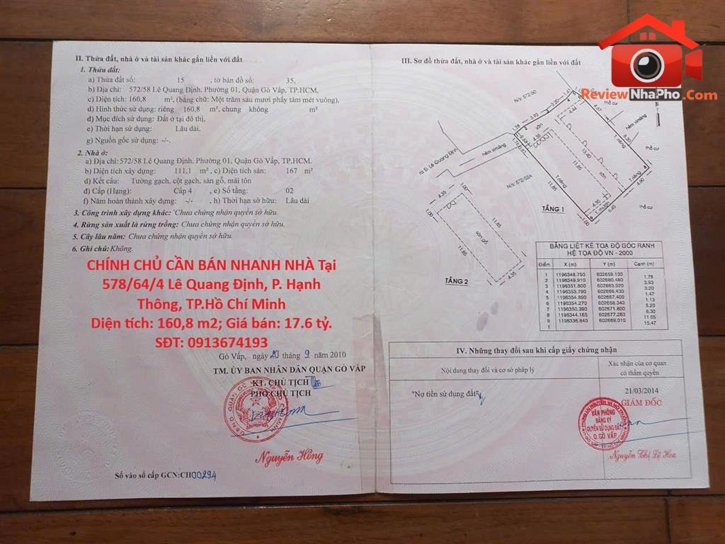 17.6 tỷ – 160 m2 – Chính chủ cần bán nhanh nhà tại Lê Quang Định, Quận Gò Vấp, Thành phố Hồ Chí Minh REVIEW NHÀ PHỐ