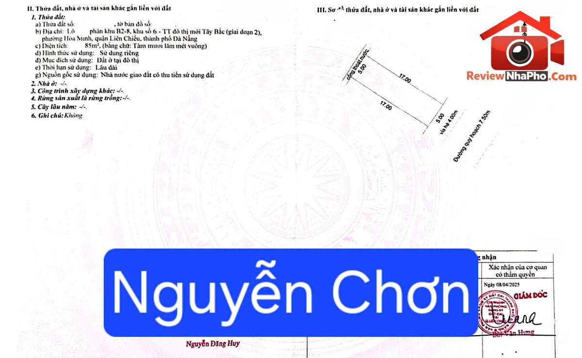 Mặt tiền đường 7,5m – trục thông hoàng thị loan – Bán nhà đất Đường nguyen-chon – Phường cũ Hòa Minh Quận Liên Chiểu – Phường mới Hòa Khánh – Thành phố Đà Nẵng 85m2 – 6.5 tỷ