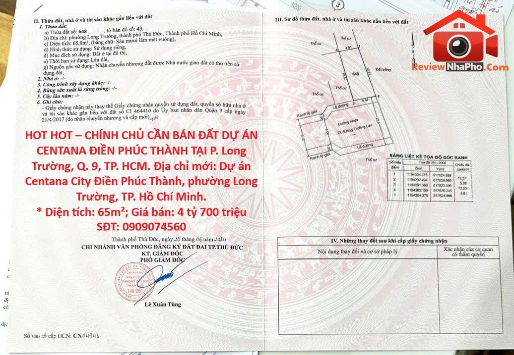 Hot hot chính chủ cần bán đất dự án centana điền phúc thành tại đường phường long trường quận 9 tỉnh thành phố hồ chí minh – Diện tích 65m2 – Giá 4.7 tỷ