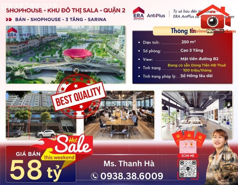 Shophouse – sarina – bán shop đang có sẵn dòng tiền hđ thuê 100 triệu/tháng – cao 3 tầng – 250m2 – Bán nhà đất Đường B2 – Phường cũ An Lợi Đông Quận 2 – Phường mới An Lợi Đông – Thành phố Hồ Chí Minh