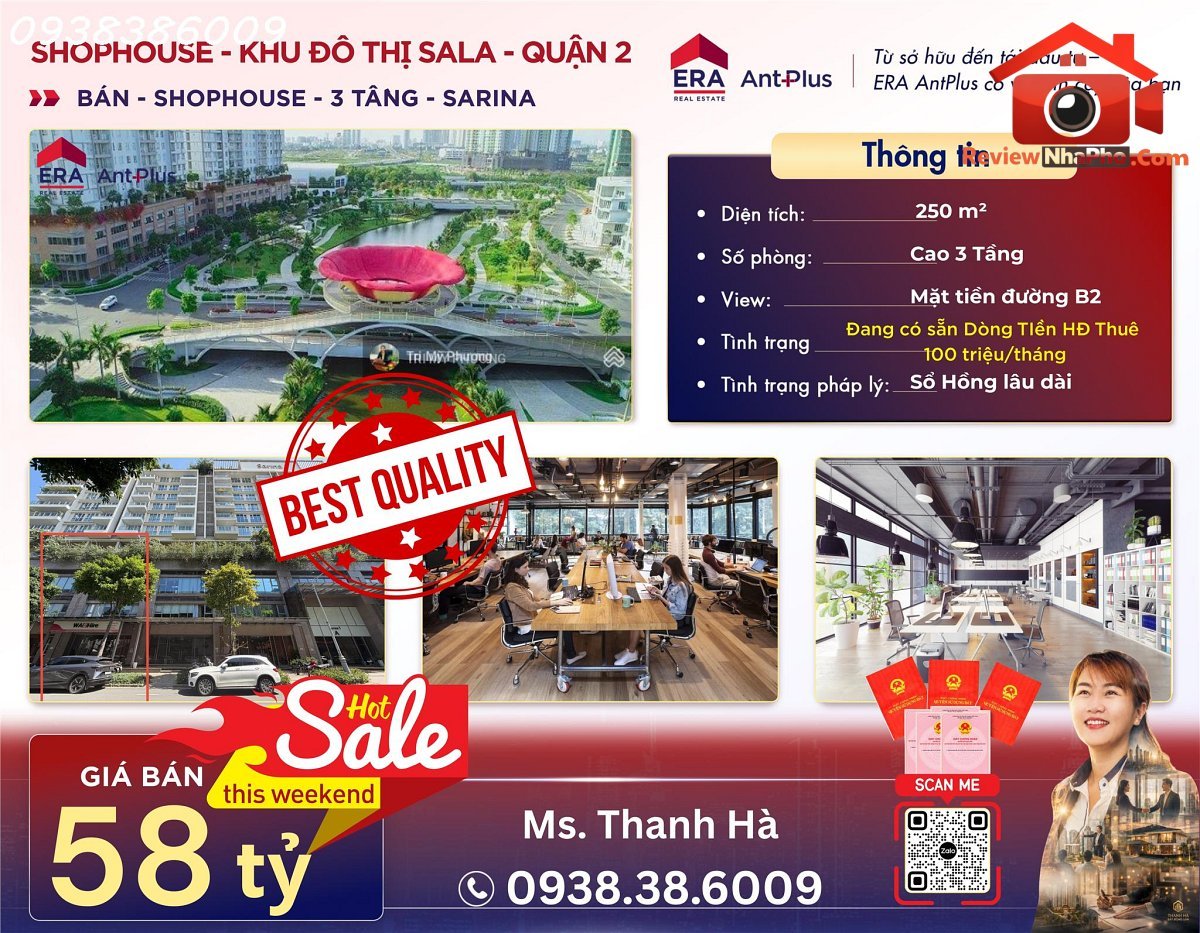 Shophouse – sarina – bán shop đang có sẵn dòng tiền hđ thuê 100 triệu/tháng – cao 3 tầng – 250m2 – Bán nhà đất Đường B2 – Phường cũ An Lợi Đông Quận 2 – Phường mới An Lợi Đông – Thành phố Hồ Chí Minh