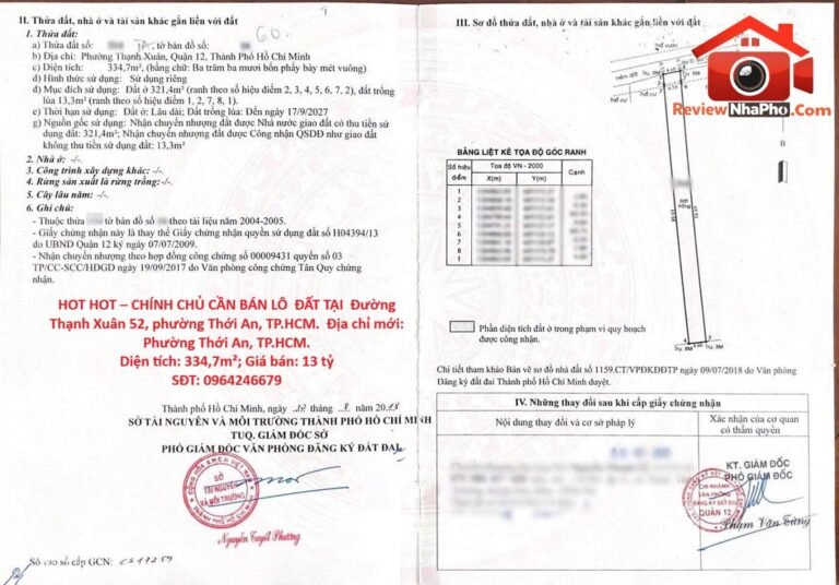 Hot hot chính chủ cần bán lô đất tại đường thạnh xuân 52, phường thới an, quận 12 – thành phố Hồ Chí Minh – diện tích 334m2 – giá 13 tỷ