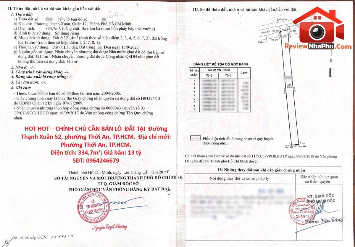 Hot hot chính chủ cần bán lô đất tại đường thạnh xuân 52, phường thới an, quận 12 – thành phố Hồ Chí Minh – diện tích 334m2 – giá 13 tỷ