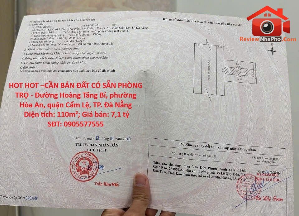Cần bán đất có sẵn phòng trọ Đường Hoàng Tăng Bí – Phường Hòa An – Quận Cẩm Lệ – Thành phố Đà Nẵng 110m2 7.1 tỷ