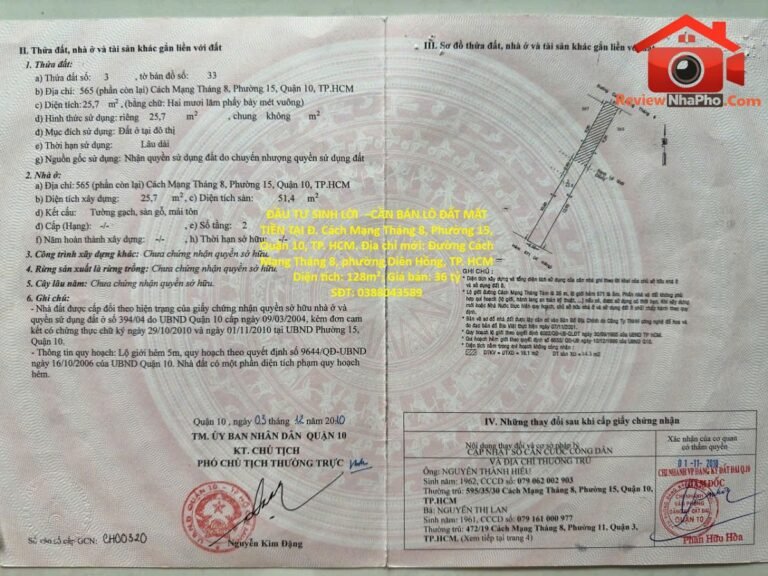 Đầu tư sinh lời cần bán lô đất mặt tiền tại đ. cách mạng tháng 8, phường 15, quận 10, tp. hcm – Đường Cách Mạng Tháng 8 – Phường cũ 15 Quận 10 – Phường mới Diên Hồng – Thành phố Hồ Chí Minh 128m2 3.6 tỷ