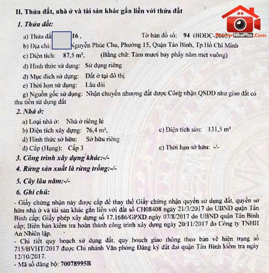 13.8 tỷ – Diện tích 87 m2 – Bán nhà mặt tiền đường Nguyễn Phúc Chu – Quận Tân Bình – Thành phố Hồ Chí Minh REVIEW NHÀ PHỐ