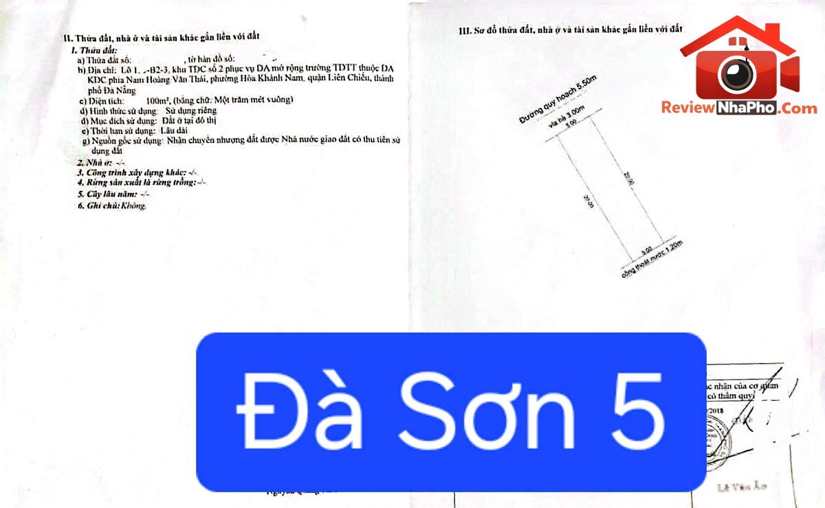 Bán đất mt đường đà sơn 5 – phường cũ Hòa Khánh Nam – phường mới Hòa Khánh – Thành phố Đà Nẵng – diện tích 100m2 – giá 3650000000