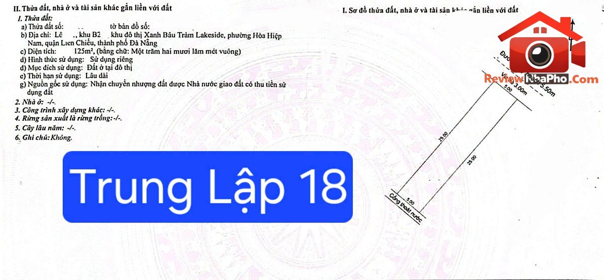Cần bán đất trung lập 18 – Đường trung lập 18 – Phường Hải Vân – Thành phố Đà Nẵng – diện tích 125m2 – giá 3.75 tỷ