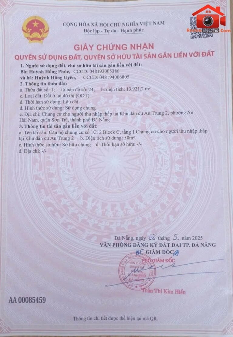 Chính chủ cần bán căn hộ tầng trệt-sổ hồng đường Ngô Quyền – Phường cũ An Hải Nam Quận Sơn Trà – Phường mới An Hải Tây – Thành phố Đà Nẵng 58m2 2.98 tỷ