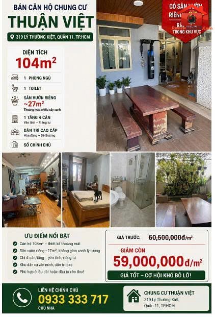 Bán căn hộ chung cư thuận việt Đường Lý Thường Kiệt – Phường cũ 15 Quận 11 – Thành phố Hồ Chí Minh diện tích 104m2 giá 4056000000