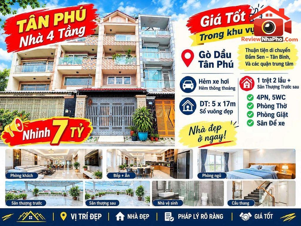 Review nhà phố Quận Tân Phú Tp Hồ Chí Minh – Nhà 4 tầng 82m2 giá 7 tỷ