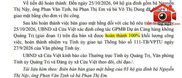 Hiện công tác giải phóng mặt bằng phục vụ dự án Cảng hàng không Quảng Trị (giai đoạn 1) đã hoàn thành 100%.