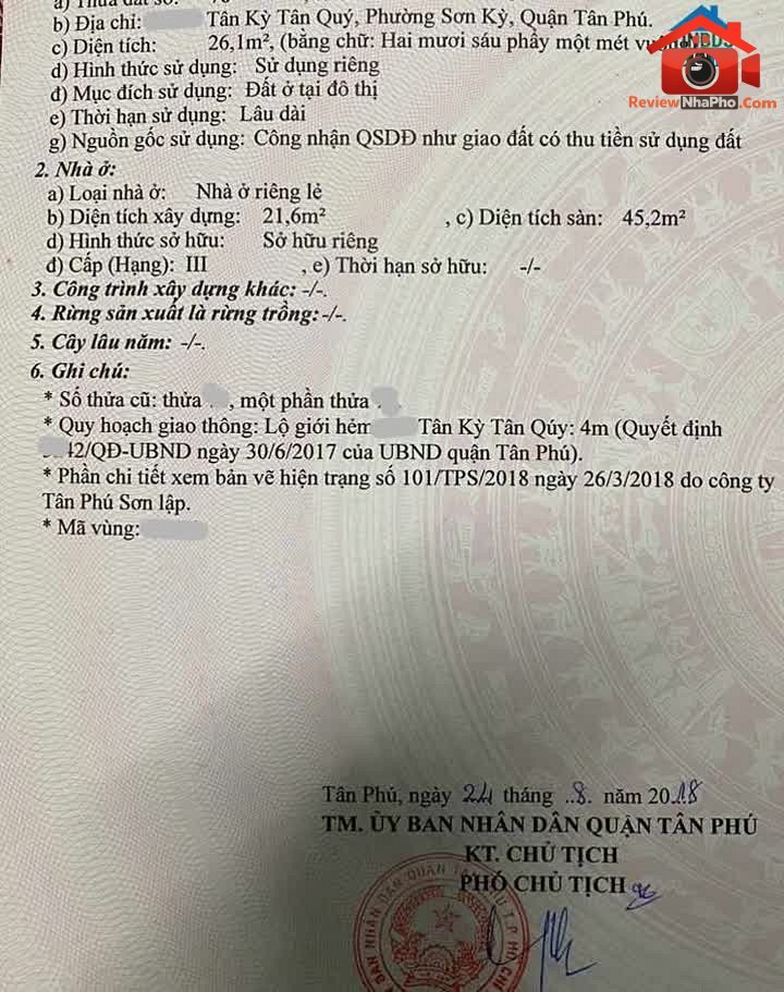 Review nhà phố Quận Tân Phú TP.HCM – giá 2.1 tỷ, 26m2