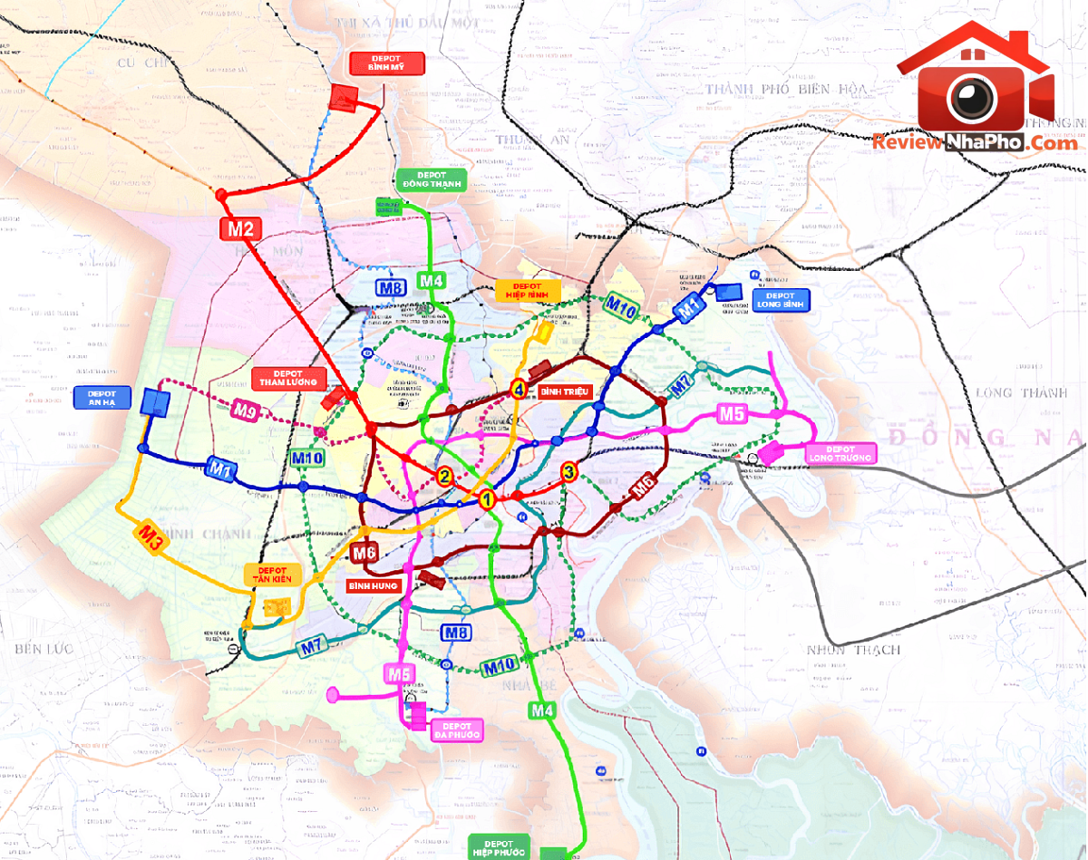 Hướng tuyến metro số 4 (màu xanh lá cây) trong mạng lưới metro tổng thể của TP.HCM.