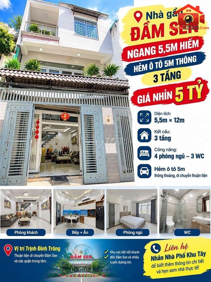 Nhà phố 3 tầng hẻm ô tô 5m Trịnh Đình Trọng Quận Tân Phú TP.HCM giá 5.5 tỷ