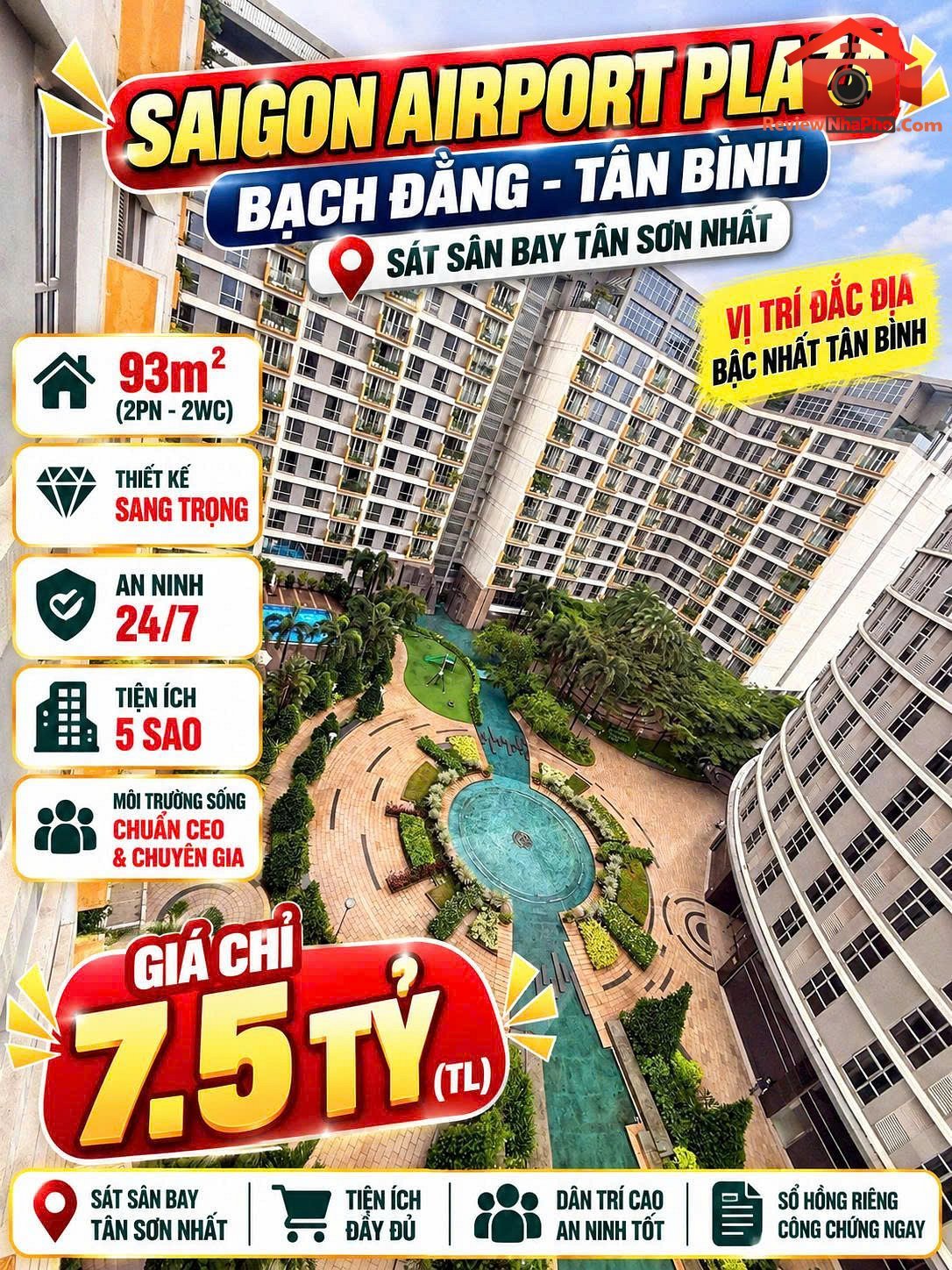 Bán căn hộ Saigon Airport Plaza 93m2, 2PN, sổ riêng 7,5 tỷ